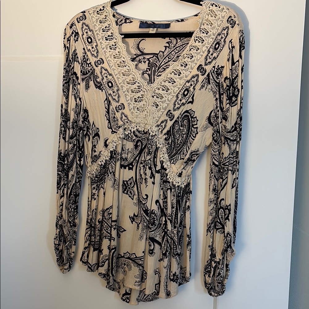 Cream Long Sleeve Embellished Blouse with Smocked Details